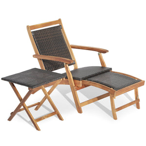 Retractable ottoman for ultimate comfort and maximum space utilization<br>Safety latch keeps the footrest in place when it retracts back <br>Foldable chair and table for space-saving design<br>Selected mix brown PE wicker for fade resistance and sun prote