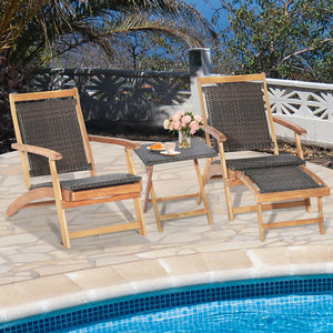 Retractable ottoman for ultimate comfort and maximum space utilization<br>Safety latch keeps the footrest in place when it retracts back <br>Foldable chair and table for space-saving design<br>Selected mix brown PE wicker for fade resistance and sun prote