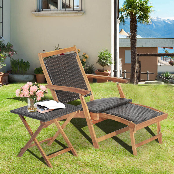 Retractable ottoman for ultimate comfort and maximum space utilization<br>Safety latch keeps the footrest in place when it retracts back <br>Foldable chair and table for space-saving design<br>Selected mix brown PE wicker for fade resistance and sun prote