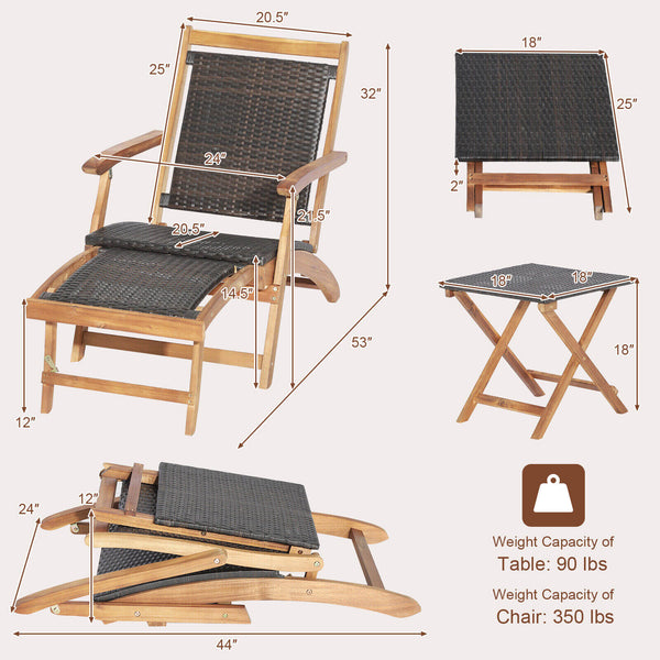 Retractable ottoman for ultimate comfort and maximum space utilization<br>Safety latch keeps the footrest in place when it retracts back <br>Foldable chair and table for space-saving design<br>Selected mix brown PE wicker for fade resistance and sun prote
