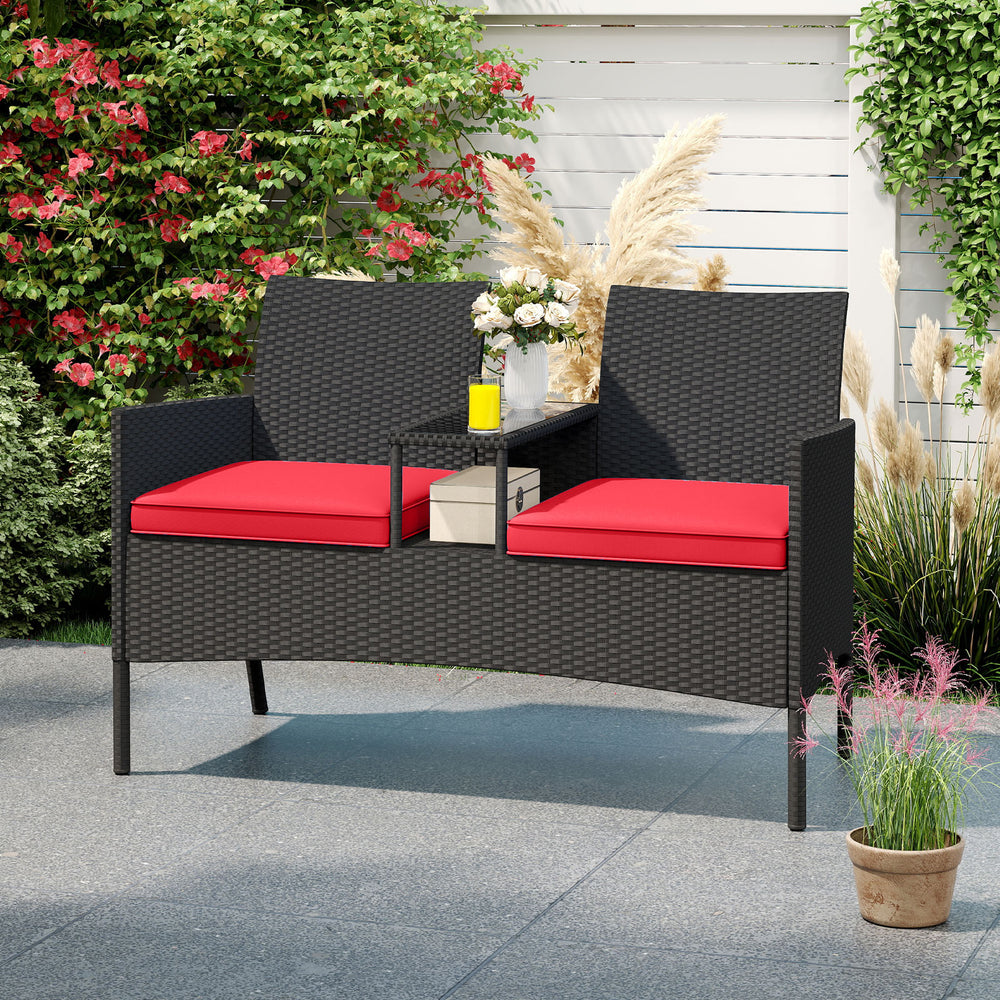 Hand-woven PE rattan for long-lasting elegance<br>Equipped with an integrated table in the middle<br>2-tier storage space makes drinks and snacks easy to fetch<br>Comfortable to sit with 2 seat cushions<br>Zippered cushion covers for easy maintenance<br>T