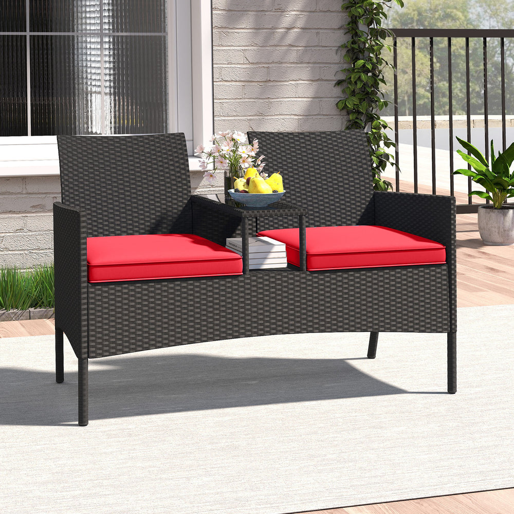 Hand-woven PE rattan for long-lasting elegance<br>Equipped with an integrated table in the middle<br>2-tier storage space makes drinks and snacks easy to fetch<br>Comfortable to sit with 2 seat cushions<br>Zippered cushion covers for easy maintenance<br>T