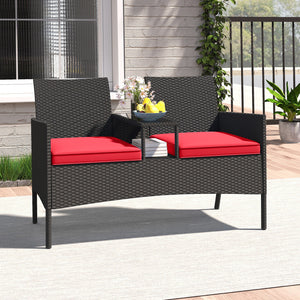 Hand-woven PE rattan for long-lasting elegance<br>Equipped with an integrated table in the middle<br>2-tier storage space makes drinks and snacks easy to fetch<br>Comfortable to sit with 2 seat cushions<br>Zippered cushion covers for easy maintenance<br>T