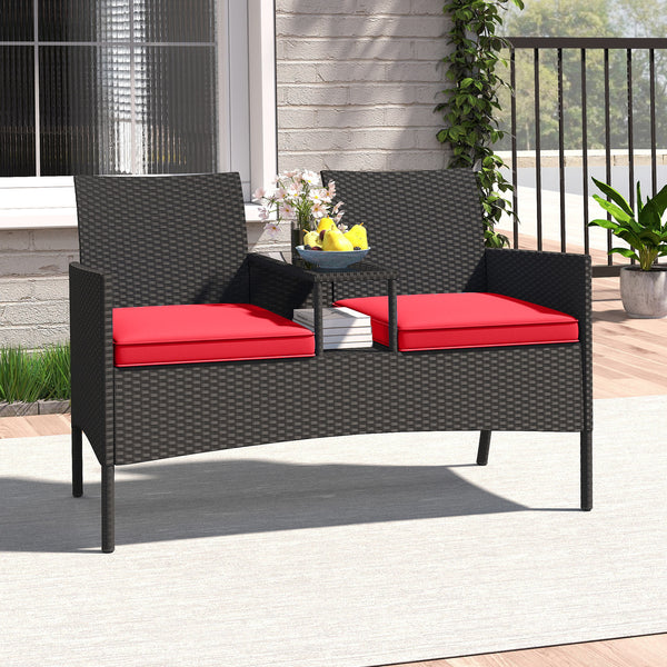 Hand-woven PE rattan for long-lasting elegance<br>Equipped with an integrated table in the middle<br>2-tier storage space makes drinks and snacks easy to fetch<br>Comfortable to sit with 2 seat cushions<br>Zippered cushion covers for easy maintenance<br>T