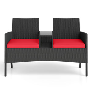 Hand-woven PE rattan for long-lasting elegance<br>Equipped with an integrated table in the middle<br>2-tier storage space makes drinks and snacks easy to fetch<br>Comfortable to sit with 2 seat cushions<br>Zippered cushion covers for easy maintenance<br>T