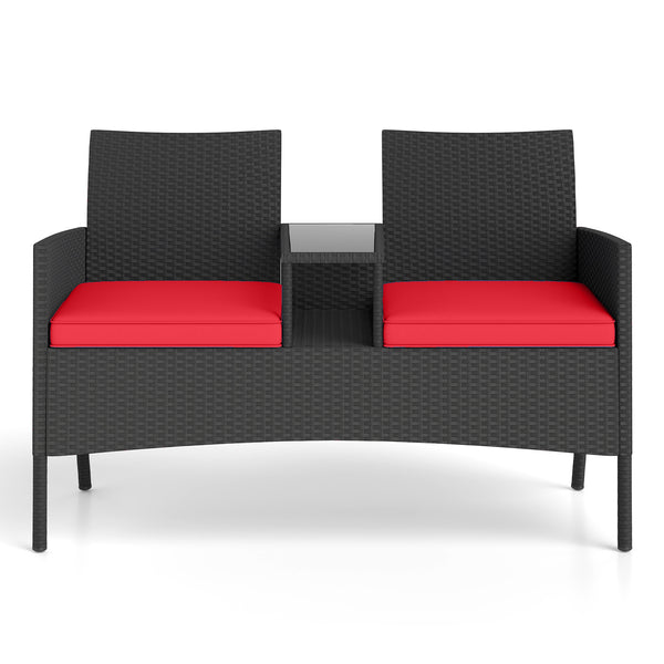 Hand-woven PE rattan for long-lasting elegance<br>Equipped with an integrated table in the middle<br>2-tier storage space makes drinks and snacks easy to fetch<br>Comfortable to sit with 2 seat cushions<br>Zippered cushion covers for easy maintenance<br>T