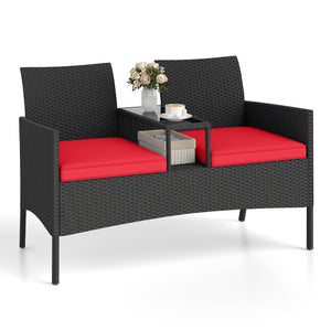 Hand-woven PE rattan for long-lasting elegance<br>Equipped with an integrated table in the middle<br>2-tier storage space makes drinks and snacks easy to fetch<br>Comfortable to sit with 2 seat cushions<br>Zippered cushion covers for easy maintenance<br>T