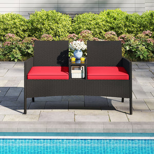 Hand-woven PE rattan for long-lasting elegance<br>Equipped with an integrated table in the middle<br>2-tier storage space makes drinks and snacks easy to fetch<br>Comfortable to sit with 2 seat cushions<br>Zippered cushion covers for easy maintenance<br>T