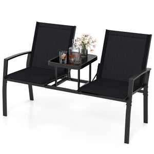 Breathable fabric ensures comfort on warm days<br>Tempered glass table holds essentials for easy access<br>Seats 2 comfortably with a spacious seating space<br>Thoughtful armrests and backrests provide reliable support<br>Heavy-duty metal frame for durabi