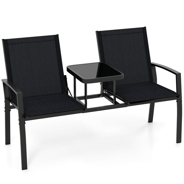 Breathable fabric ensures comfort on warm days<br>Tempered glass table holds essentials for easy access<br>Seats 2 comfortably with a spacious seating space<br>Thoughtful armrests and backrests provide reliable support<br>Heavy-duty metal frame for durabi