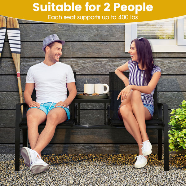 Breathable fabric ensures comfort on warm days<br>Tempered glass table holds essentials for easy access<br>Seats 2 comfortably with a spacious seating space<br>Thoughtful armrests and backrests provide reliable support<br>Heavy-duty metal frame for durabi
