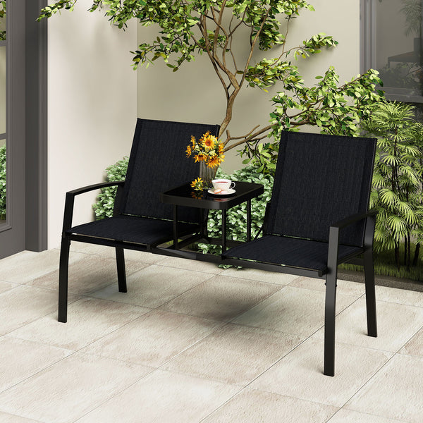 Breathable fabric ensures comfort on warm days<br>Tempered glass table holds essentials for easy access<br>Seats 2 comfortably with a spacious seating space<br>Thoughtful armrests and backrests provide reliable support<br>Heavy-duty metal frame for durabi