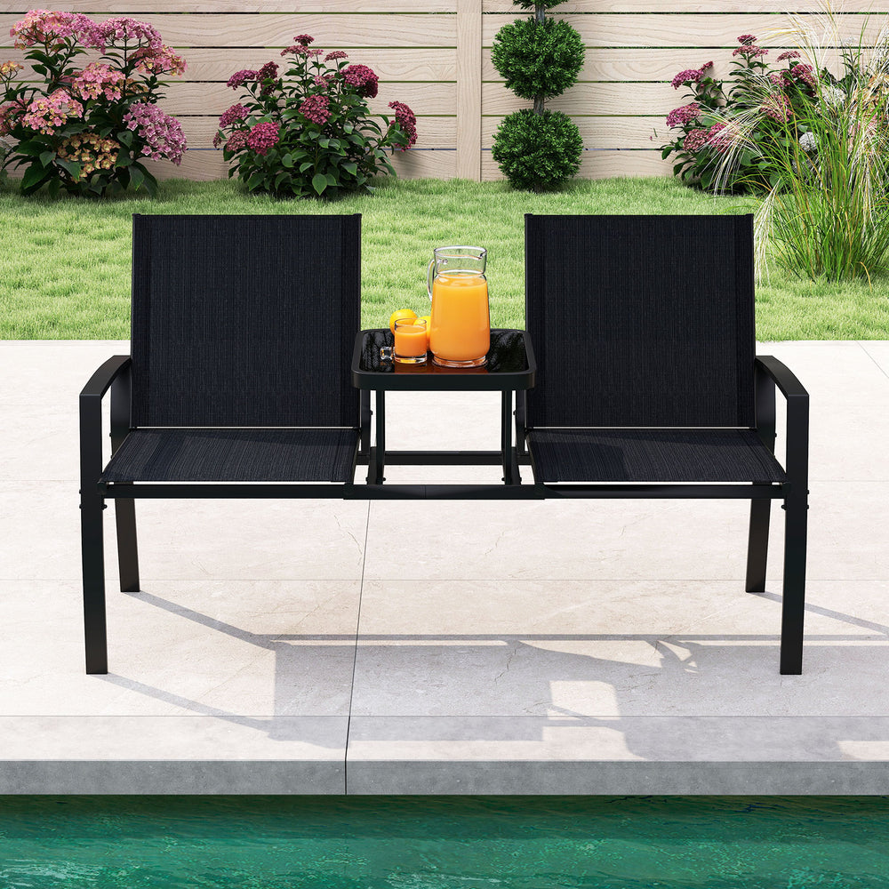 Breathable fabric ensures comfort on warm days<br>Tempered glass table holds essentials for easy access<br>Seats 2 comfortably with a spacious seating space<br>Thoughtful armrests and backrests provide reliable support<br>Heavy-duty metal frame for durabi