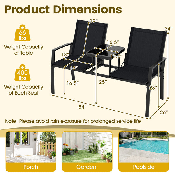 Breathable fabric ensures comfort on warm days<br>Tempered glass table holds essentials for easy access<br>Seats 2 comfortably with a spacious seating space<br>Thoughtful armrests and backrests provide reliable support<br>Heavy-duty metal frame for durabi