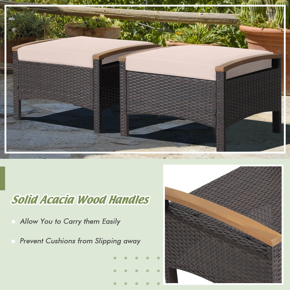 Fade-resistant mix brown PE wicker and rustproof steel frame for longer outdoor use<br>Sturdy construction with non-slip foot pads ensures 400 lbs strong loading capacity<br>Serve as ottomans  extra seats or additional side tables to meet your different n