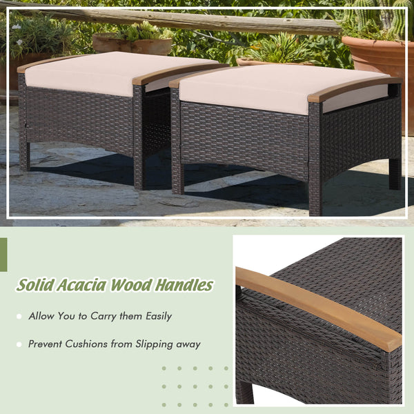 Fade-resistant mix brown PE wicker and rustproof steel frame for longer outdoor use<br>Sturdy construction with non-slip foot pads ensures 400 lbs strong loading capacity<br>Serve as ottomans  extra seats or additional side tables to meet your different n