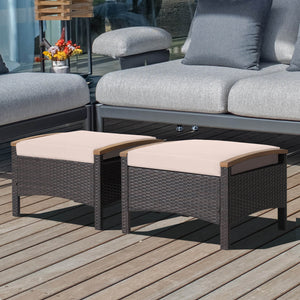 Fade-resistant mix brown PE wicker and rustproof steel frame for longer outdoor use<br>Sturdy construction with non-slip foot pads ensures 400 lbs strong loading capacity<br>Serve as ottomans  extra seats or additional side tables to meet your different n