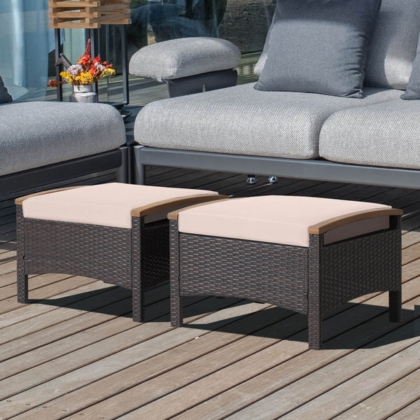 Fade-resistant mix brown PE wicker and rustproof steel frame for longer outdoor use<br>Sturdy construction with non-slip foot pads ensures 400 lbs strong loading capacity<br>Serve as ottomans  extra seats or additional side tables to meet your different n