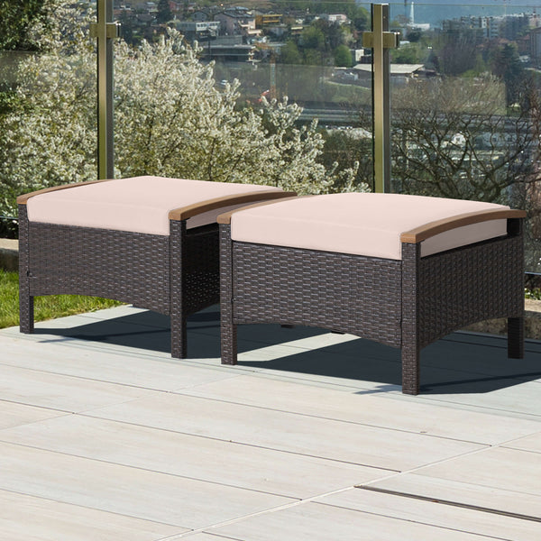 Fade-resistant mix brown PE wicker and rustproof steel frame for longer outdoor use<br>Sturdy construction with non-slip foot pads ensures 400 lbs strong loading capacity<br>Serve as ottomans  extra seats or additional side tables to meet your different n