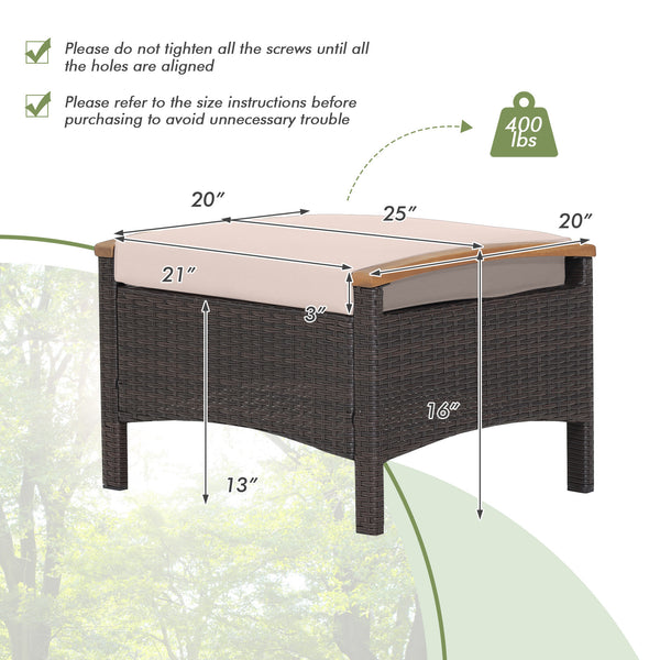 Fade-resistant mix brown PE wicker and rustproof steel frame for longer outdoor use<br>Sturdy construction with non-slip foot pads ensures 400 lbs strong loading capacity<br>Serve as ottomans  extra seats or additional side tables to meet your different n