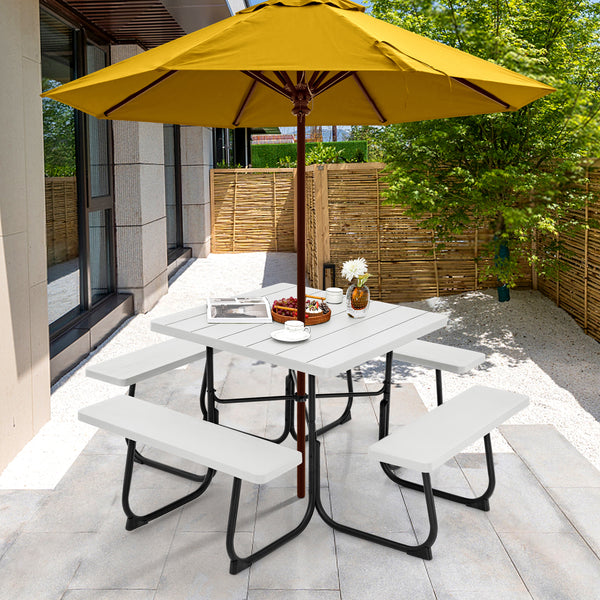 4 built-in benches that seat up to 8<br>Spacious tabletop offering plenty of space for food  drinks  and other essentials<br>1.9" diameter umbrella hole for adding a sunshade or parasol<br>Made from high-quality HDPE material for superior stability and du