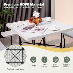 4 built-in benches that seat up to 8<br>Spacious tabletop offering plenty of space for food  drinks  and other essentials<br>1.9" diameter umbrella hole for adding a sunshade or parasol<br>Made from high-quality HDPE material for superior stability and du