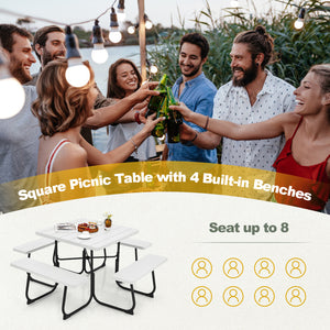 4 built-in benches that seat up to 8<br>Spacious tabletop offering plenty of space for food  drinks  and other essentials<br>1.9" diameter umbrella hole for adding a sunshade or parasol<br>Made from high-quality HDPE material for superior stability and du
