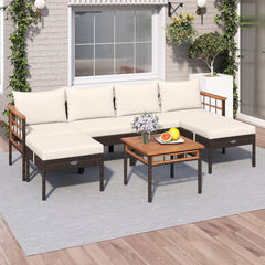Handwoven PE rattan adds natural elegance and sun protection<br>Solid acacia wood provides strong  smooth  and attractive surfaces<br>Soft sponge cushions offer cozy sitting experience<br>Zippered cushion cover for easy removal and cleaning<br>Ottoman cus