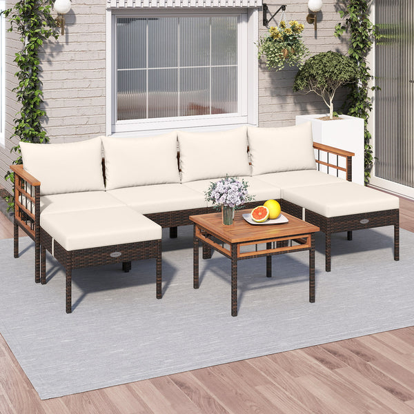 Handwoven PE rattan adds natural elegance and sun protection<br>Solid acacia wood provides strong  smooth  and attractive surfaces<br>Soft sponge cushions offer cozy sitting experience<br>Zippered cushion cover for easy removal and cleaning<br>Ottoman cus