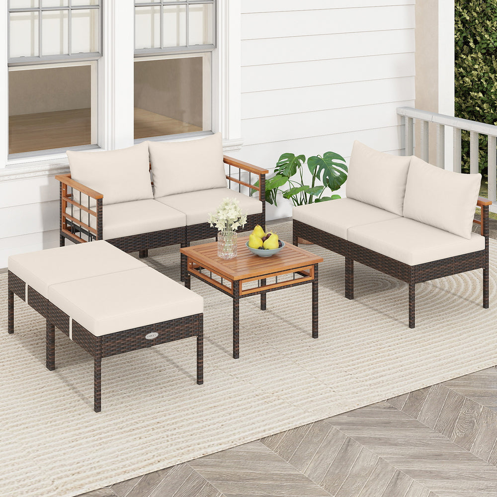 Handwoven PE rattan adds natural elegance and sun protection<br>Solid acacia wood provides strong  smooth  and attractive surfaces<br>Soft sponge cushions offer cozy sitting experience<br>Zippered cushion cover for easy removal and cleaning<br>Ottoman cus