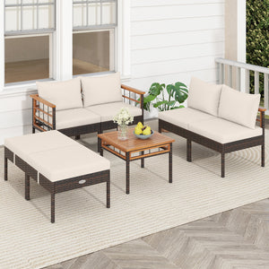 Handwoven PE rattan adds natural elegance and sun protection<br>Solid acacia wood provides strong  smooth  and attractive surfaces<br>Soft sponge cushions offer cozy sitting experience<br>Zippered cushion cover for easy removal and cleaning<br>Ottoman cus