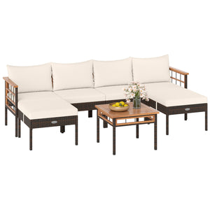 Handwoven PE rattan adds natural elegance and sun protection<br>Solid acacia wood provides strong  smooth  and attractive surfaces<br>Soft sponge cushions offer cozy sitting experience<br>Zippered cushion cover for easy removal and cleaning<br>Ottoman cus