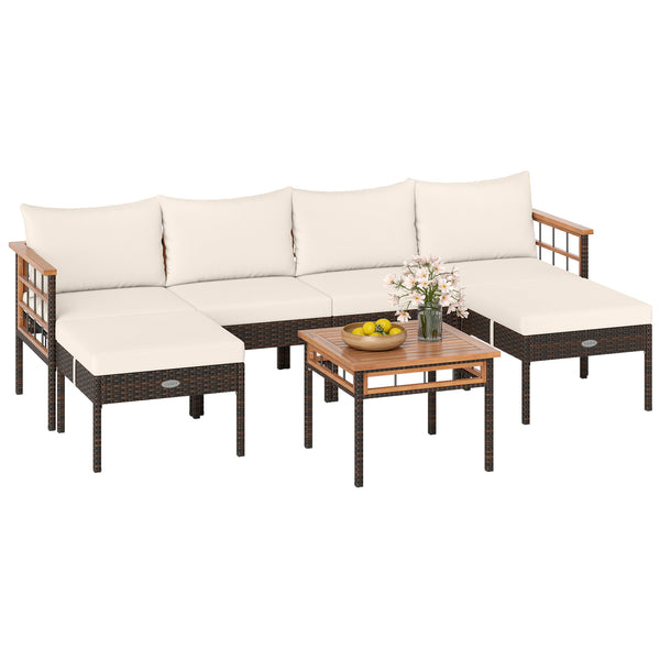 Handwoven PE rattan adds natural elegance and sun protection<br>Solid acacia wood provides strong  smooth  and attractive surfaces<br>Soft sponge cushions offer cozy sitting experience<br>Zippered cushion cover for easy removal and cleaning<br>Ottoman cus