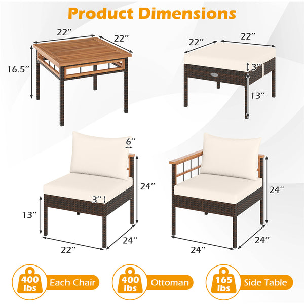 Handwoven PE rattan adds natural elegance and sun protection<br>Solid acacia wood provides strong  smooth  and attractive surfaces<br>Soft sponge cushions offer cozy sitting experience<br>Zippered cushion cover for easy removal and cleaning<br>Ottoman cus