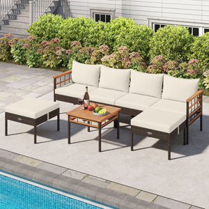 Handwoven PE rattan adds natural elegance and sun protection<br>Solid acacia wood provides strong  smooth  and attractive surfaces<br>Soft sponge cushions offer cozy sitting experience<br>Zippered cushion cover for easy removal and cleaning<br>Ottoman cus