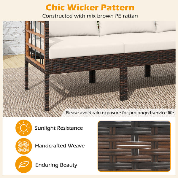 Handwoven PE rattan adds natural elegance and sun protection<br>Solid acacia wood provides strong  smooth  and attractive surfaces<br>Soft sponge cushions offer cozy sitting experience<br>Zippered cushion cover for easy removal and cleaning<br>Ottoman cus
