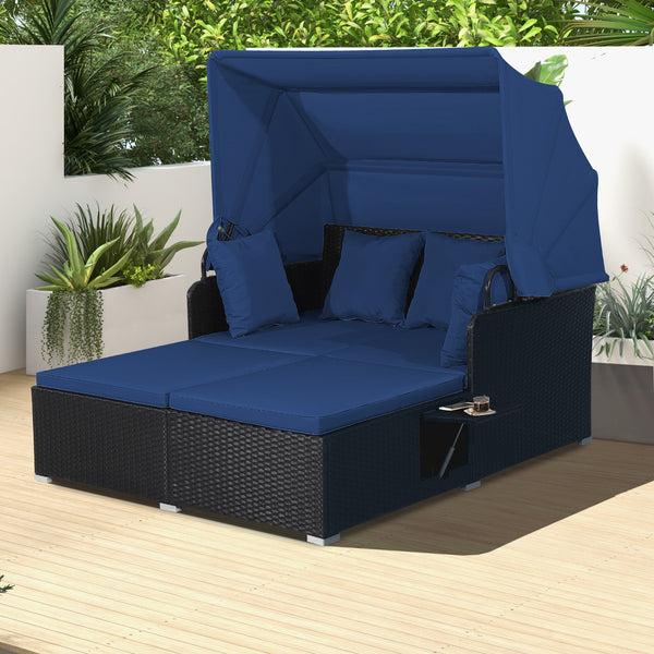 Comfortable to sit or lie with wide seat and soft cushions<br>Zippered design for easy removal and maintenance of cushion covers<br>Retractable canopy allows you to relax in the sunshade<br>Pneumatic rod for easy and safe adjustment<br>Fixing ropes keep t