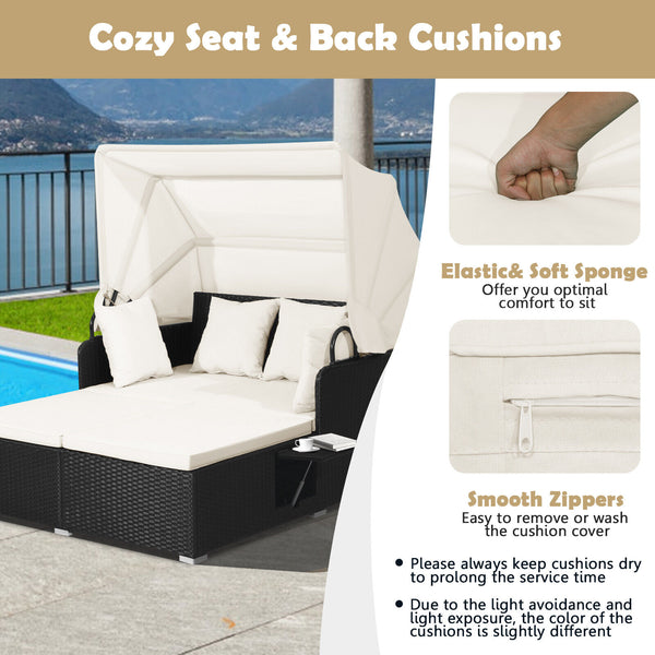 Comfortable to sit or lie with wide seat and soft cushions<br>Zippered design for easy removal and maintenance of cushion covers<br>Retractable canopy allows you to relax in the sunshade<br>Pneumatic rod for easy and safe adjustment<br>Fixing ropes keep t