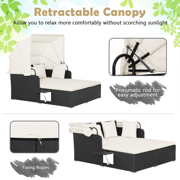 Comfortable to sit or lie with wide seat and soft cushions<br>Zippered design for easy removal and maintenance of cushion covers<br>Retractable canopy allows you to relax in the sunshade<br>Pneumatic rod for easy and safe adjustment<br>Fixing ropes keep t