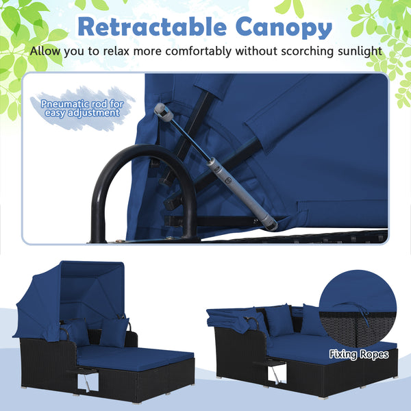 Comfortable to sit or lie with wide seat and soft cushions<br>Zippered design for easy removal and maintenance of cushion covers<br>Retractable canopy allows you to relax in the sunshade<br>Pneumatic rod for easy and safe adjustment<br>Fixing ropes keep t