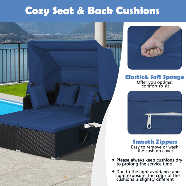 Comfortable to sit or lie with wide seat and soft cushions<br>Zippered design for easy removal and maintenance of cushion covers<br>Retractable canopy allows you to relax in the sunshade<br>Pneumatic rod for easy and safe adjustment<br>Fixing ropes keep t