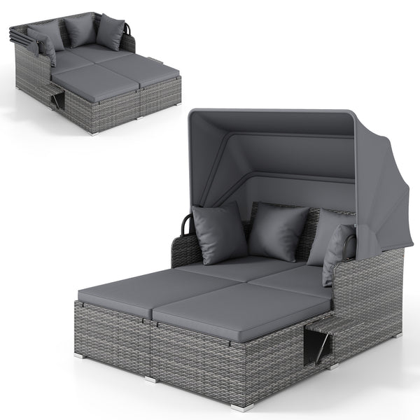Comfortable to sit or lie with wide seat and soft cushions<br>Zippered design for easy removal and maintenance of cushion covers<br>Retractable canopy allows you to relax in the sunshade<br>Pneumatic rod for easy and safe adjustment<br>Fixing ropes keep t