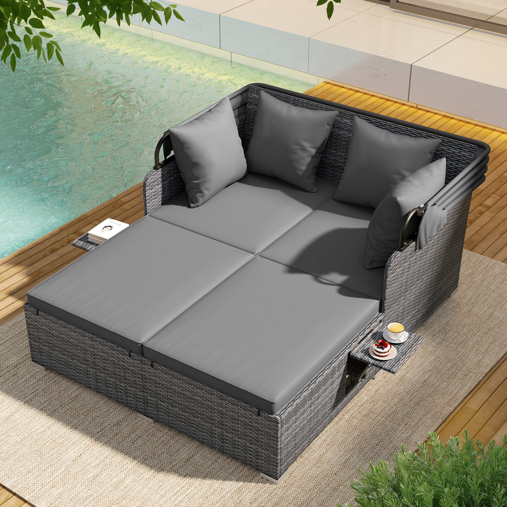 Comfortable to sit or lie with wide seat and soft cushions<br>Zippered design for easy removal and maintenance of cushion covers<br>Retractable canopy allows you to relax in the sunshade<br>Pneumatic rod for easy and safe adjustment<br>Fixing ropes keep t