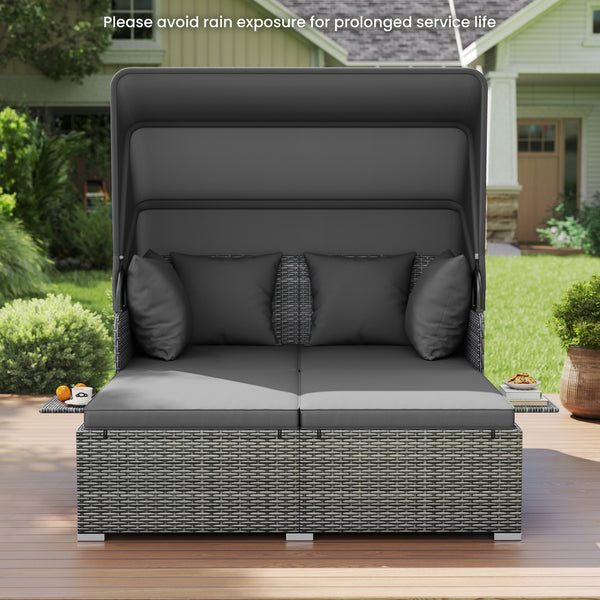 Comfortable to sit or lie with wide seat and soft cushions<br>Zippered design for easy removal and maintenance of cushion covers<br>Retractable canopy allows you to relax in the sunshade<br>Pneumatic rod for easy and safe adjustment<br>Fixing ropes keep t