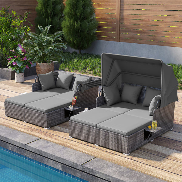 Comfortable to sit or lie with wide seat and soft cushions<br>Zippered design for easy removal and maintenance of cushion covers<br>Retractable canopy allows you to relax in the sunshade<br>Pneumatic rod for easy and safe adjustment<br>Fixing ropes keep t