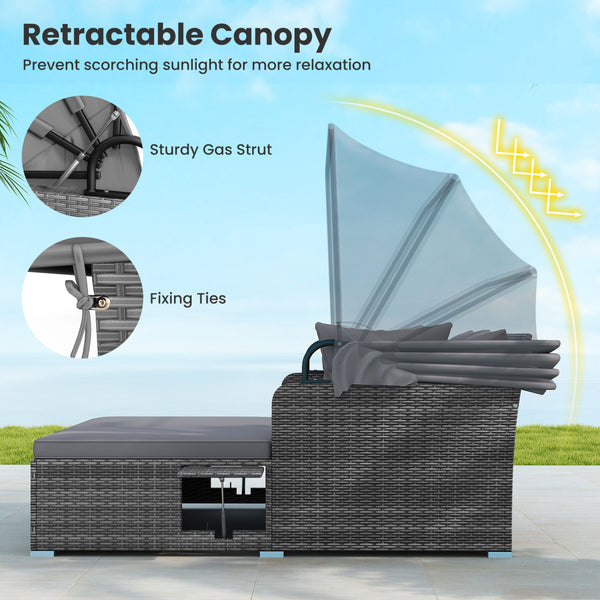 Comfortable to sit or lie with wide seat and soft cushions<br>Zippered design for easy removal and maintenance of cushion covers<br>Retractable canopy allows you to relax in the sunshade<br>Pneumatic rod for easy and safe adjustment<br>Fixing ropes keep t