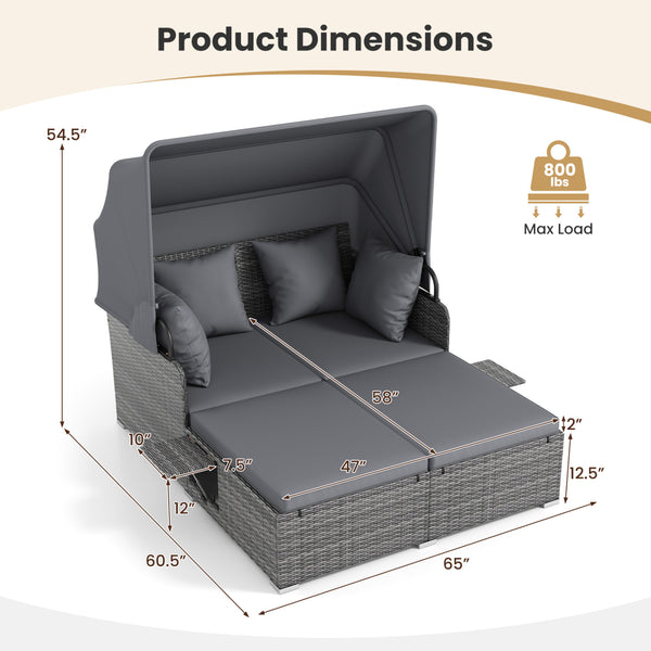 Comfortable to sit or lie with wide seat and soft cushions<br>Zippered design for easy removal and maintenance of cushion covers<br>Retractable canopy allows you to relax in the sunshade<br>Pneumatic rod for easy and safe adjustment<br>Fixing ropes keep t