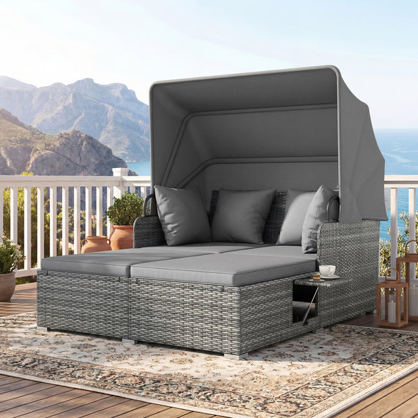 Comfortable to sit or lie with wide seat and soft cushions<br>Zippered design for easy removal and maintenance of cushion covers<br>Retractable canopy allows you to relax in the sunshade<br>Pneumatic rod for easy and safe adjustment<br>Fixing ropes keep t