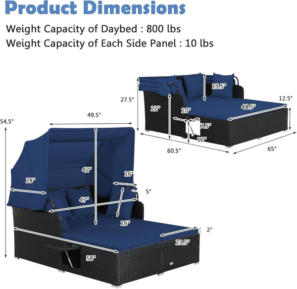 Comfortable to sit or lie with wide seat and soft cushions<br>Zippered design for easy removal and maintenance of cushion covers<br>Retractable canopy allows you to relax in the sunshade<br>Pneumatic rod for easy and safe adjustment<br>Fixing ropes keep t
