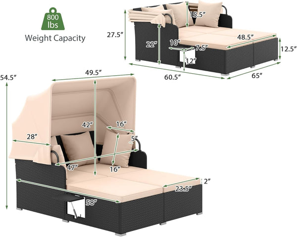 Comfortable to sit or lie with wide seat and soft cushions<br>Zippered design for easy removal and maintenance of cushion covers<br>Retractable canopy allows you to relax in the sunshade<br>Pneumatic rod for easy and safe adjustment<br>Fixing ropes keep t
